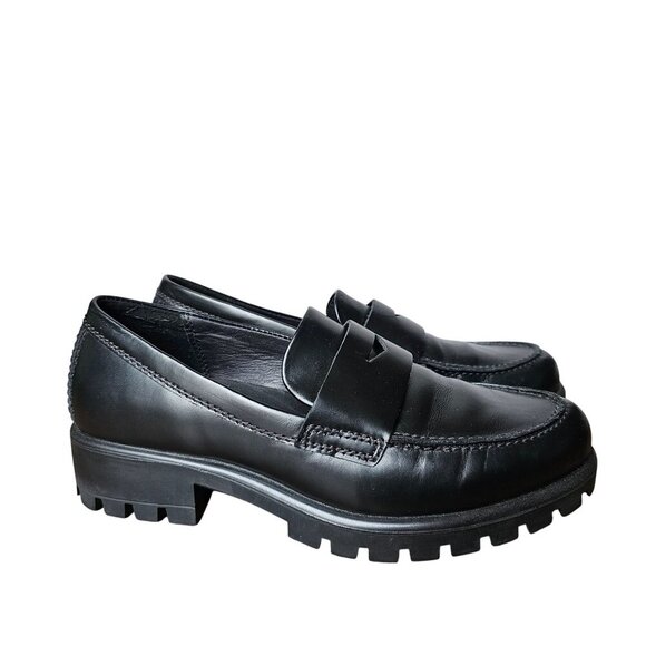 Ecco Modtray Penny Leather Black Chunky Loafers Lugged Rubber Women's EU37/US6.5 - Picture 1 of 12